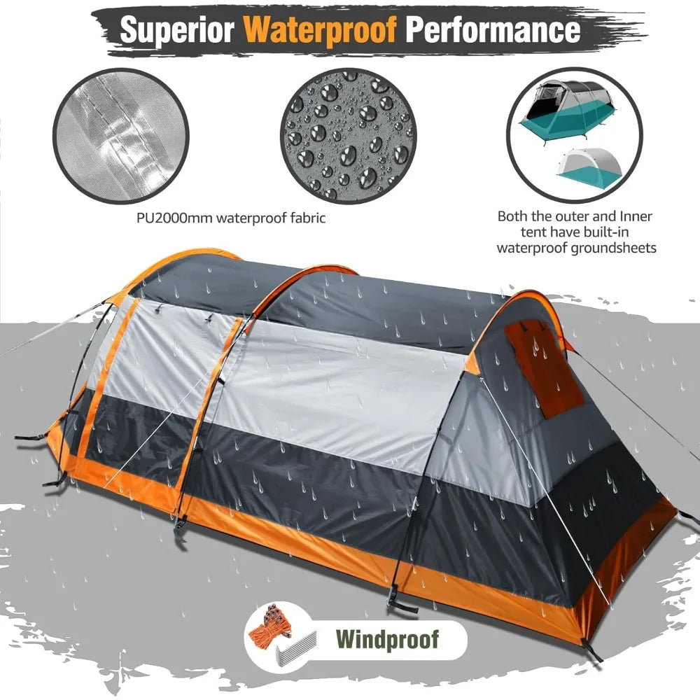 Camping Tents Tunnel Tent 4 Person Family Tents with 2 Doors Extra Weatherproof Outdoor Shelter 4 Seasons Tents with Double Wat
