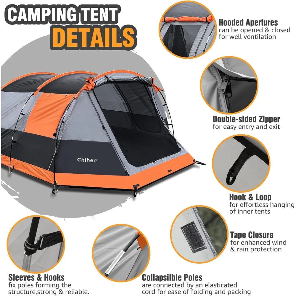 Camping Tents Tunnel Tent 4 Person Family Tents with 2 Doors Extra Weatherproof Outdoor Shelter 4 Seasons Tents with Double Wat