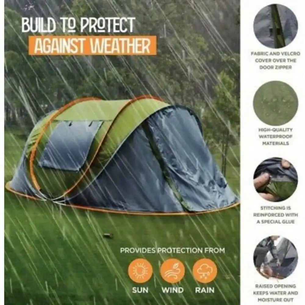 Camping Tent - 4-Person Easy Pop Up Tent with 2 Doors - UPF50+ Waterproof